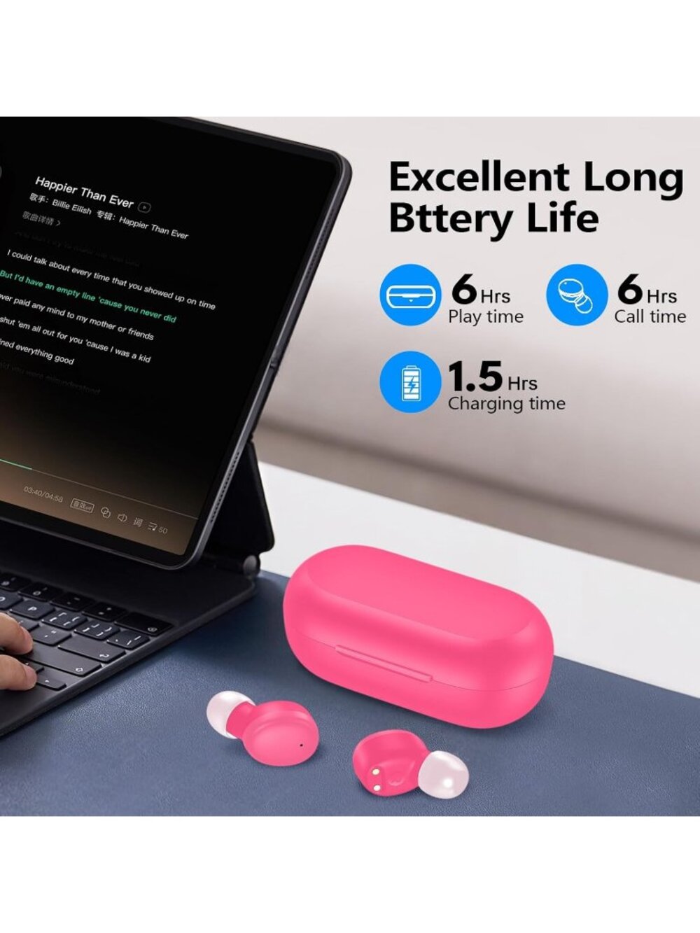 Wireless Hot Pink Earbuds Bluetooth 5.3 Deep Bass Sound Built in Mics Clear Call - Picture 4 of 7